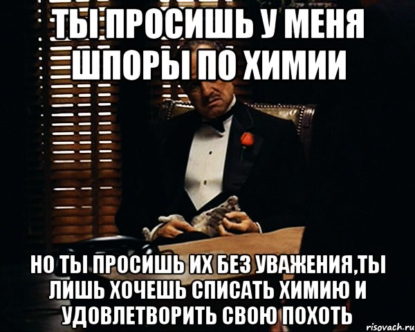 ты просишь у меня шпоры по химии но ты просишь их без уважения,ты лишь хочешь списать химию и удовлетворить свою похоть, Мем Дон Вито Корлеоне