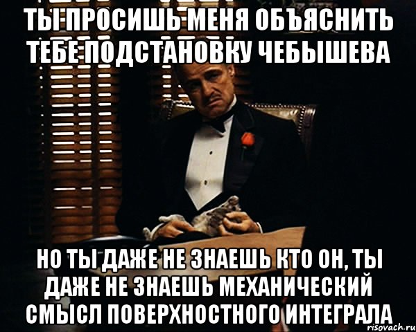 ты просишь меня объяснить тебе подстановку чебышева но ты даже не знаешь кто он, ты даже не знаешь механический смысл поверхностного интеграла, Мем Дон Вито Корлеоне