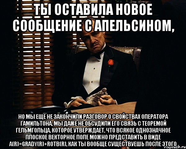 ты оставила новое сообщение с апельсином, но мы еще не закончили разговор о свойствах оператора гамильтона, мы даже не обсудили его связь с теоремой гельмгольца, которое утверждает, что всякое однозначное плоское векторное поле можно представить в виде a(r)=grady(r)+rotb(r), как ты вообще существуешь после этого, Мем Дон Вито Корлеоне