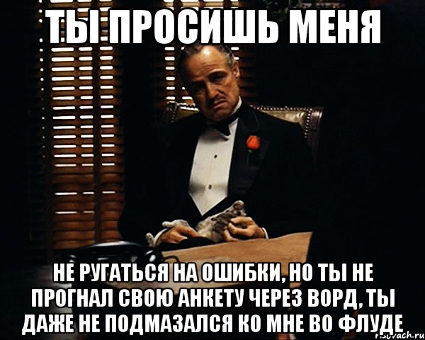 ты просишь меня не ругаться на ошибки, но ты не прогнал свою анкету через ворд, ты даже не подмазался ко мне во флуде, Мем Дон Вито Корлеоне