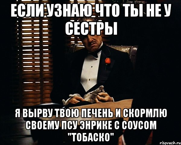 если узнаю что ты не у сестры я вырву твою печень и скормлю своему псу энрике с соусом "тобаско"