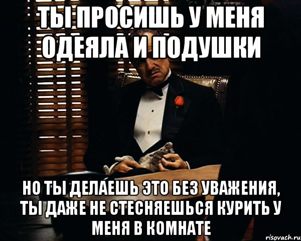 ты просишь у меня одеяла и подушки но ты делаешь это без уважения, ты даже не стесняешься курить у меня в комнате, Мем Дон Вито Корлеоне