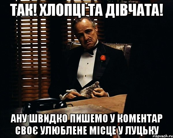 так! хлопці та дівчата! ану швидко пишемо у коментар своє улюблене місце у луцьку, Мем Дон Вито Корлеоне