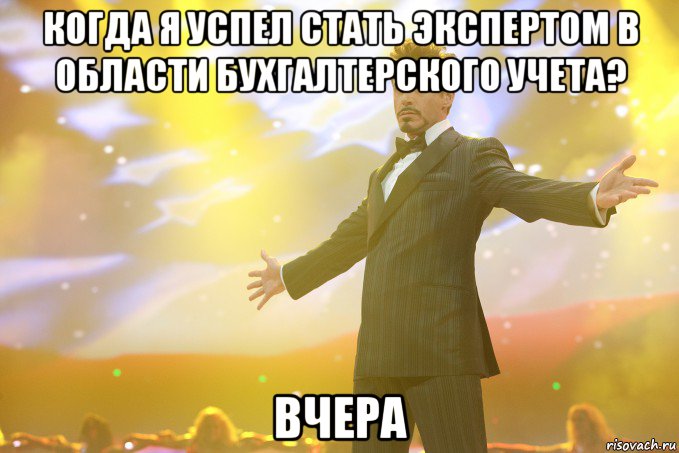 когда я успел стать экспертом в области бухгалтерского учета? вчера, Мем Тони Старк (Роберт Дауни младший)