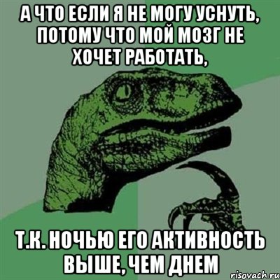 а что если я не могу уснуть, потому что мой мозг не хочет работать, т.к. ночью его активность выше, чем днем, Мем Филосораптор