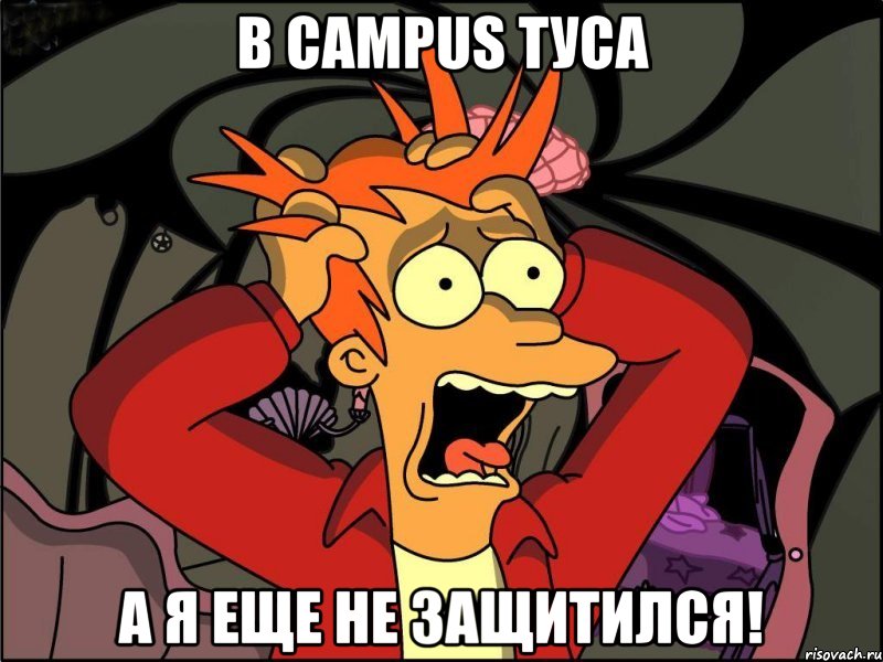 в campus туса а я еще не защитился!, Мем Фрай в панике