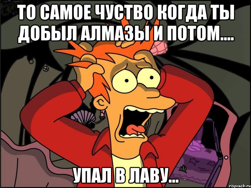 то самое чуство когда ты добыл алмазы и потом.... упал в лаву..., Мем Фрай в панике