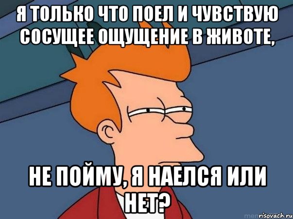 я только что поел и чувствую сосущее ощущение в животе, не пойму, я наелся или нет?, Мем  Фрай (мне кажется или)