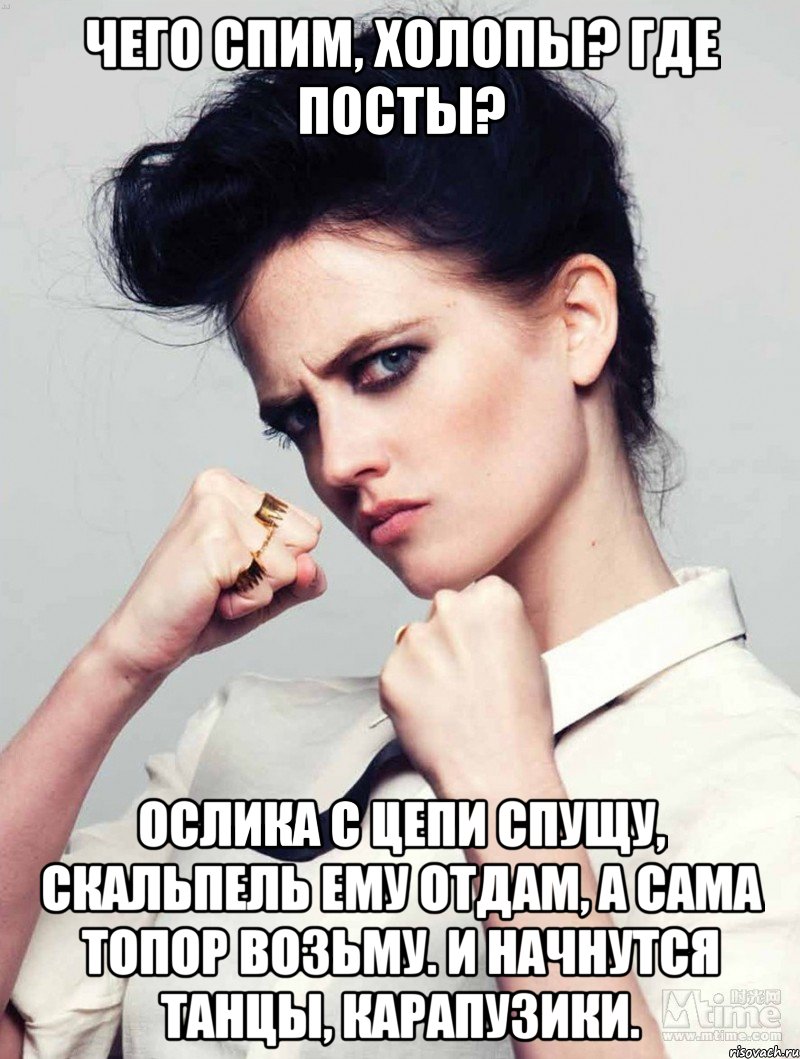 чего спим, холопы? где посты? ослика с цепи спущу, скальпель ему отдам, а сама топор возьму. и начнутся танцы, карапузики., Мем Гинуш