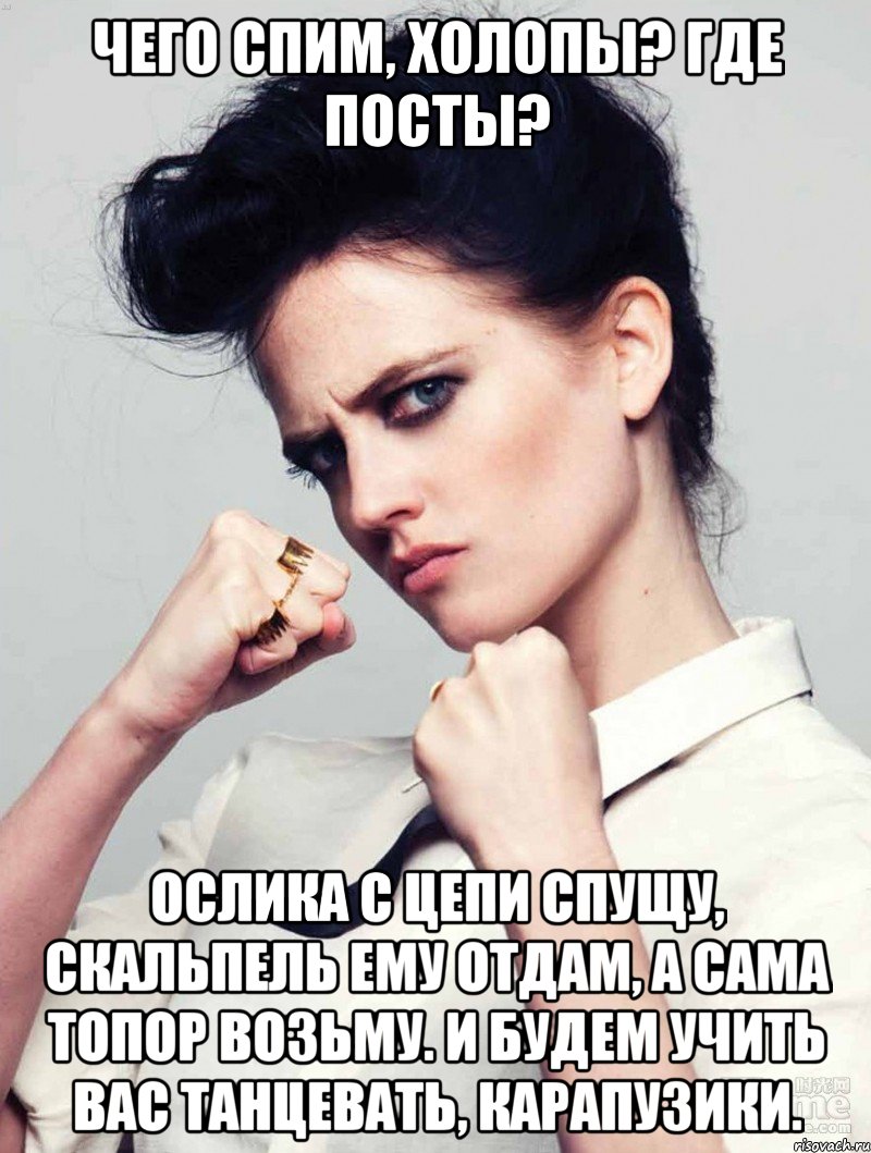 чего спим, холопы? где посты? ослика с цепи спущу, скальпель ему отдам, а сама топор возьму. и будем учить вас танцевать, карапузики., Мем Гинуш