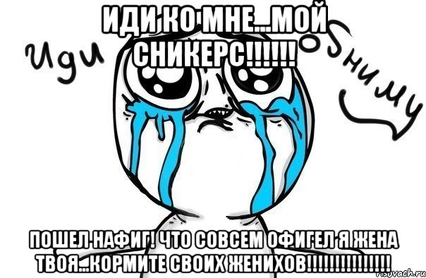 иди ко мне...мой сникерс!!! пошел нафиг! что совсем офигел я жена твоя...кормите своих женихов!!!, Мем Иди обниму