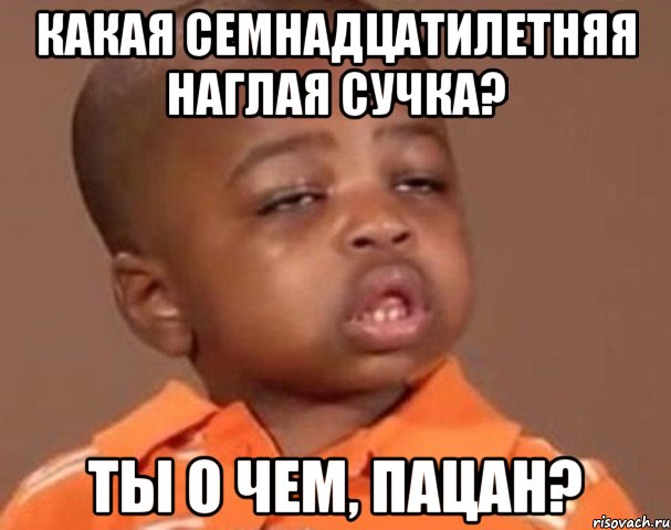 какая семнадцатилетняя наглая сучка? ты о чем, пацан?, Мем  Какой пацан (негритенок)