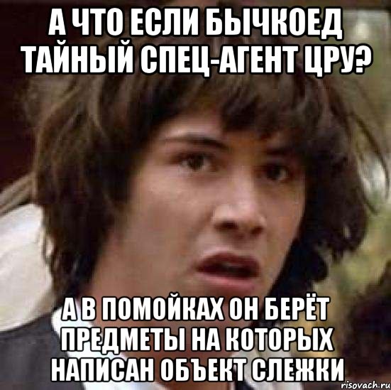 а что если бычкоед тайный спец-агент цру? а в помойках он берёт предметы на которых написан объект слежки, Мем А что если (Киану Ривз)