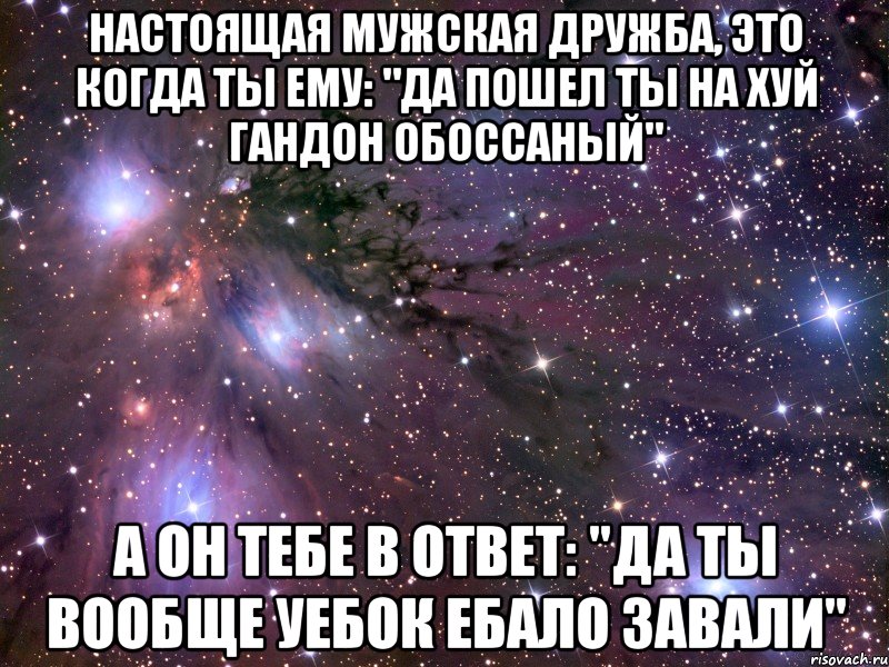 настоящая мужская дружба, это когда ты ему: "да пошел ты на хуй гандон обоссаный" а он тебе в ответ: "да ты вообще уебок ебало завали", Мем Космос