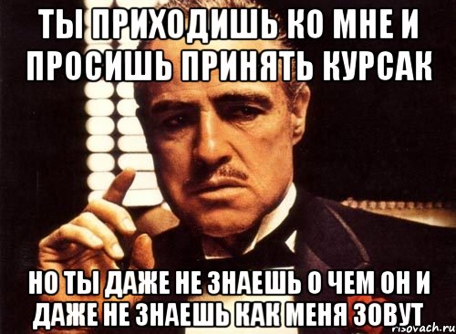 ты приходишь ко мне и просишь принять курсак но ты даже не знаешь о чем он и даже не знаешь как меня зовут, Мем крестный отец