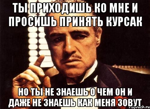 ты приходишь ко мне и просишь принять курсак но ты не знаешь о чем он и даже не знаешь как меня зовут, Мем крестный отец