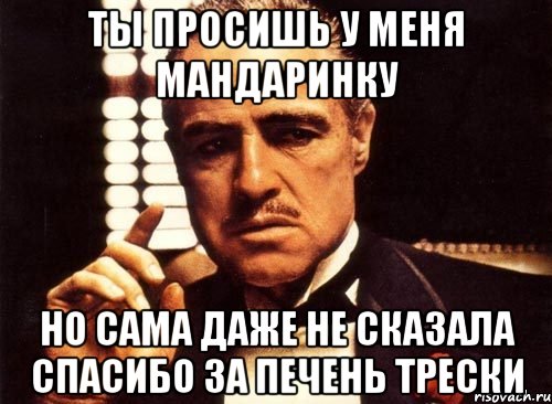 ты просишь у меня мандаринку но сама даже не сказала спасибо за печень трески, Мем крестный отец