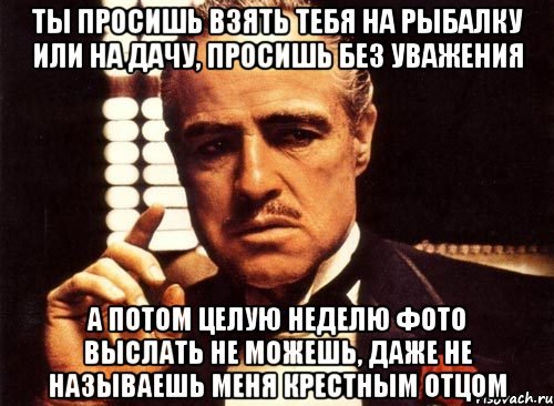 ты просишь взять тебя на рыбалку или на дачу, просишь без уважения а потом целую неделю фото выслать не можешь, даже не называешь меня крестным отцом, Мем крестный отец