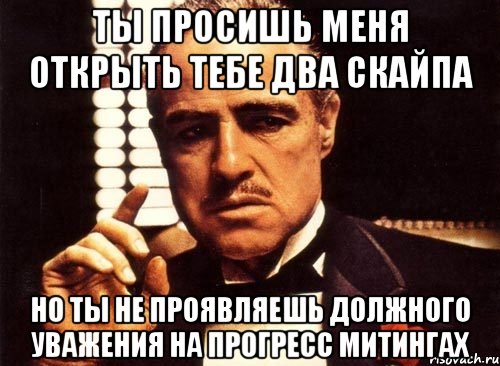 ты просишь меня открыть тебе два скайпа но ты не проявляешь должного уважения на прогресс митингах, Мем крестный отец