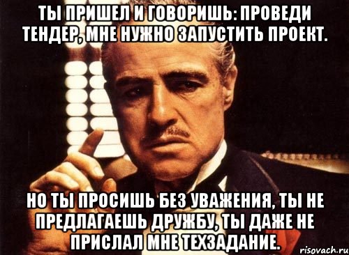 ты пришел и говоришь: проведи тендер, мне нужно запустить проект. но ты просишь без уважения, ты не предлагаешь дружбу, ты даже не прислал мне техзадание., Мем крестный отец