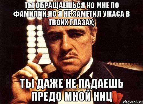 ты обращаешься ко мне по фамилии,но я не заметил ужаса в твоих глазах; ты даже не падаешь предо мной ниц, Мем крестный отец