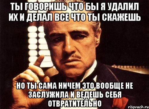 ты говоришь что бы я удалил их и делал все что ты скажешь но ты сама ничем это вообще не заслужила и ведешь себя отвратительно, Мем крестный отец