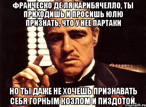 франческо де ля карибячелло, ты приходишь и просишь юлю признать, что у нее партаки но ты даже не хочешь признавать себя горным козлом и пиздотой., Мем крестный отец