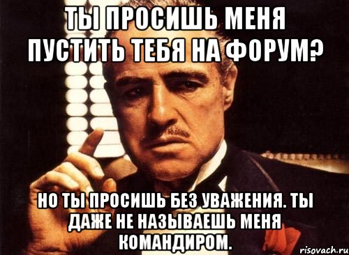 ты просишь меня пустить тебя на форум? но ты просишь без уважения. ты даже не называешь меня командиром., Мем крестный отец