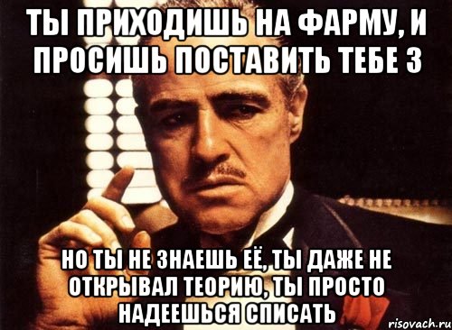 ты приходишь на фарму, и просишь поставить тебе 3 но ты не знаешь её, ты даже не открывал теорию, ты просто надеешься списать, Мем крестный отец