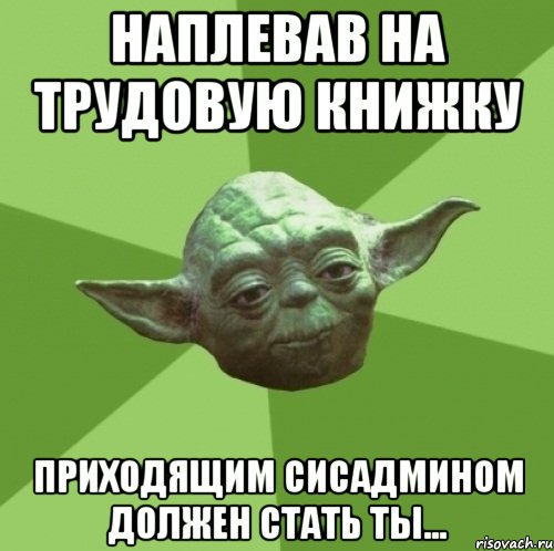 наплевав на трудовую книжку приходящим сисадмином должен стать ты..., Мем Мастер Йода