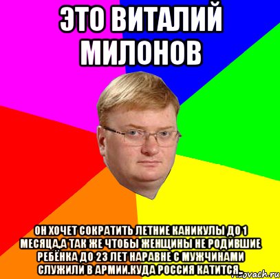 это виталий милонов он хочет сократить летние каникулы до 1 месяца,а так же чтобы женщины не родившие ребёнка до 23 лет наравне с мужчинами служили в армии.куда россия катится.., Мем Milonov