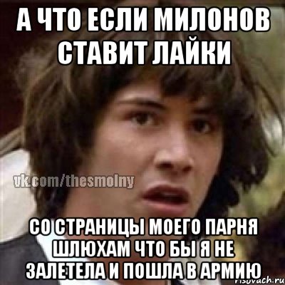а что если милонов ставит лайки со страницы моего парня шлюхам что бы я не залетела и пошла в армию, Мем милонов