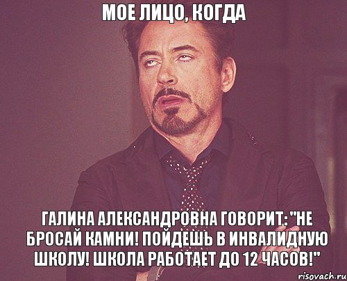 Мое лицо, когда Галина Александровна говорит: "Не бросай камни! Пойдешь в инвалидную школу! Школа работает до 12 часов!", Мем твое выражение лица