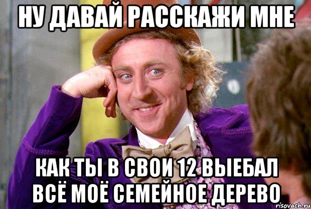 ну давай расскажи мне как ты в свои 12 выебал всё моё семейное дерево, Мем Ну давай расскажи (Вилли Вонка)