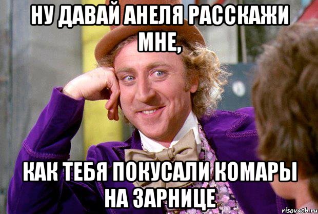 ну давай анеля расскажи мне, как тебя покусали комары на зарнице, Мем Ну давай расскажи (Вилли Вонка)