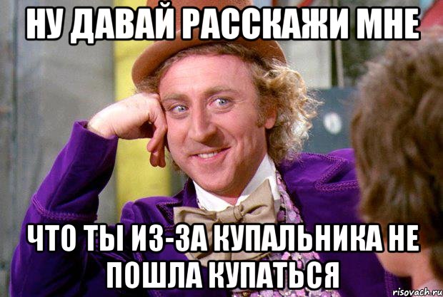 ну давай расскажи мне что ты из-за купальника не пошла купаться, Мем Ну давай расскажи (Вилли Вонка)