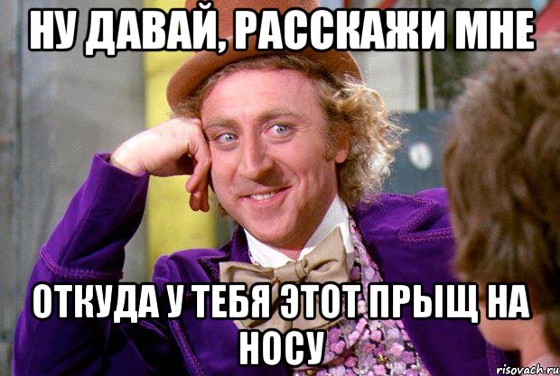 ну давай, расскажи мне откуда у тебя этот прыщ на носу, Мем Ну давай расскажи (Вилли Вонка)