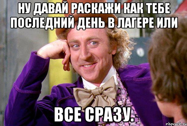 ну давай раскажи как тебе последний день в лагере или все сразу., Мем Ну давай расскажи (Вилли Вонка)