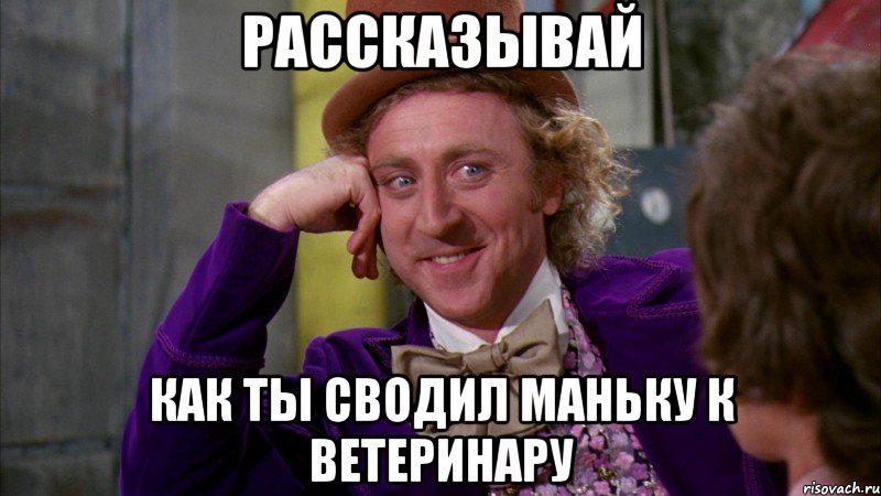 рассказывай как ты сводил маньку к ветеринару, Мем Ну давай расскажи (Вилли Вонка)