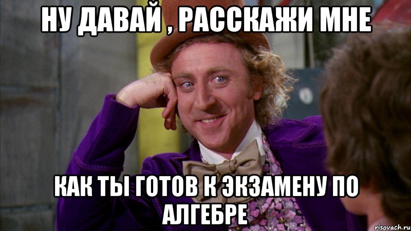 ну давай , расскажи мне как ты готов к экзамену по алгебре, Мем Ну давай расскажи (Вилли Вонка)