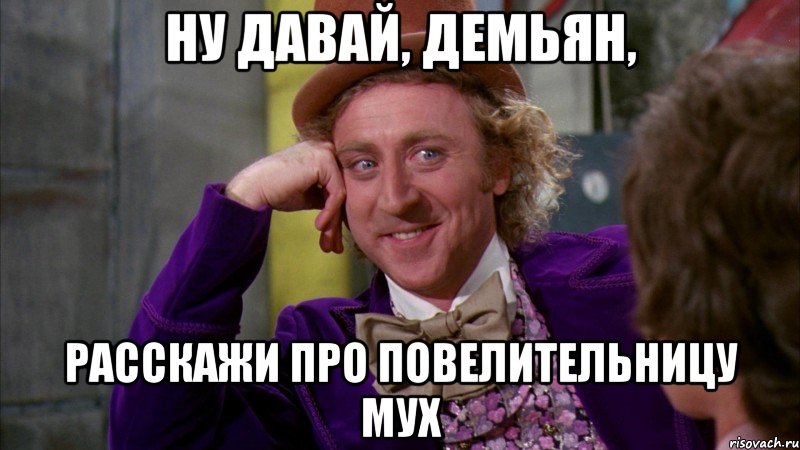 ну давай, демьян, расскажи про повелительницу мух, Мем Ну давай расскажи (Вилли Вонка)