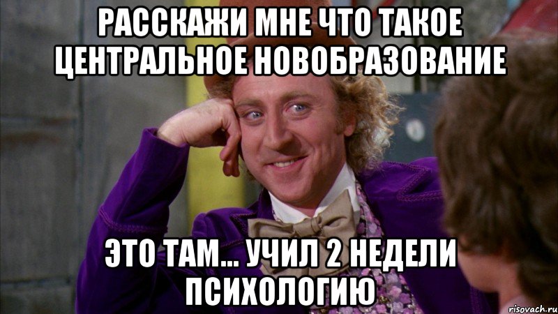 расскажи мне что такое центральное новобразование это там... учил 2 недели психологию, Мем Ну давай расскажи (Вилли Вонка)