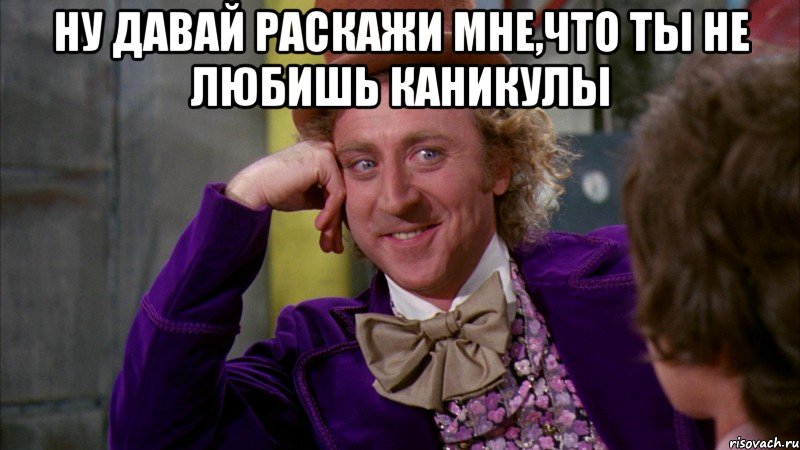 ну давай раскажи мне,что ты не любишь каникулы , Мем Ну давай расскажи (Вилли Вонка)