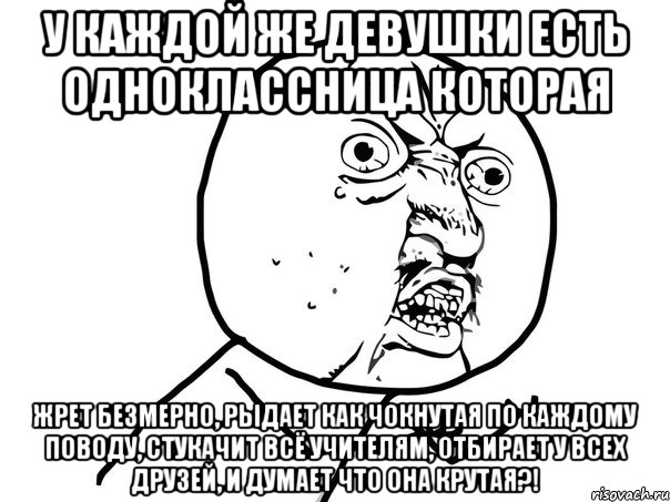 у каждой же девушки есть одноклассница которая жрет безмерно, рыдает как чокнутая по каждому поводу, стукачит всё учителям, отбирает у всех друзей, и думает что она крутая?!, Мем Ну почему (белый фон)