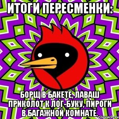 итоги пересменки: борщ в бакете, лаваш приколот к лог-буку, пироги в багажной комнате., Мем Омская птица