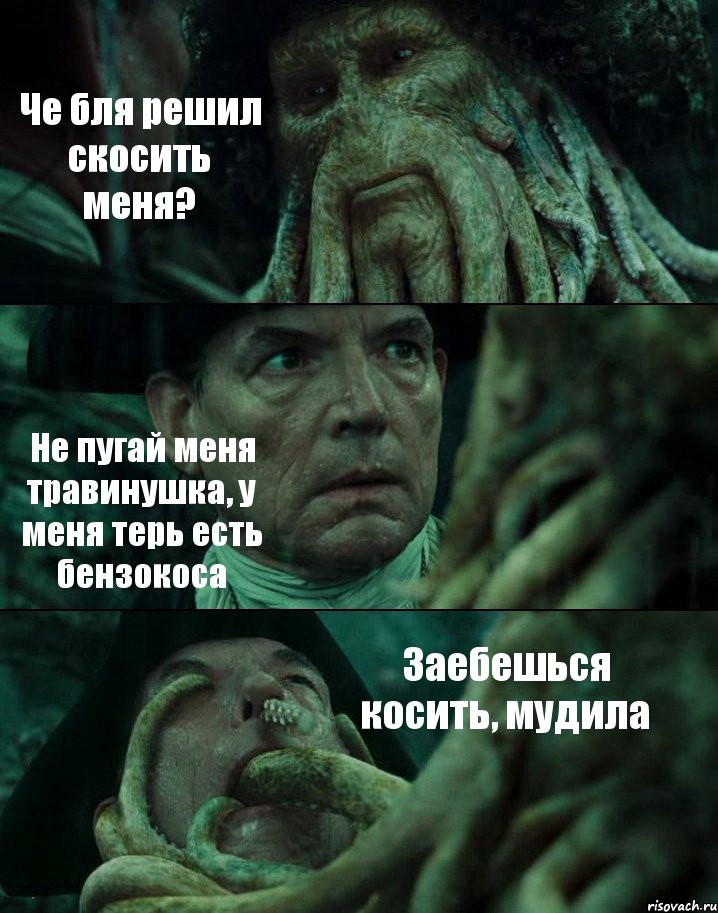 Че бля решил скосить меня? Не пугай меня травинушка, у меня терь есть бензокоса Заебешься косить, мудила, Комикс Пираты Карибского моря