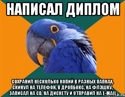 написал диплом сохранил несколько копий в разных папках, скинул на телефон, в дропбокс, на флэшку, записал на cd, на дискету и отправил на e-mail, Мем Попугай параноик