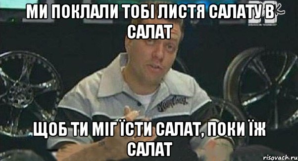 ми поклали тобі листя салату в салат щоб ти міг їсти салат, поки їж салат, Мем Монитор (тачка на прокачку)