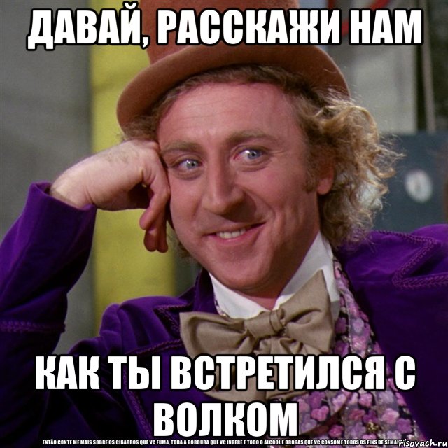 давай, расскажи нам как ты встретился с волком, Мем Ну давай расскажи (Вилли Вонка)