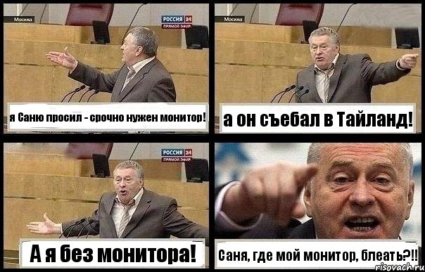 я Саню просил - срочно нужен монитор! а он съебал в Тайланд! А я без монитора! Саня, где мой монитор, блеать?!!